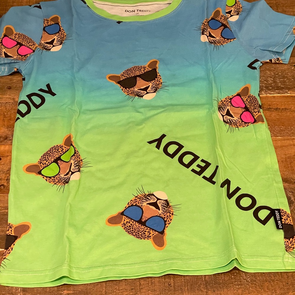 Don Teddy Kids Blue and Green Leopard Print T-Shirt